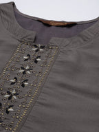 Sangria Women Grey Ethnic Motifs Embroidered Pure Cotton Kurta with Trousers & With Dupatta | Grocsy