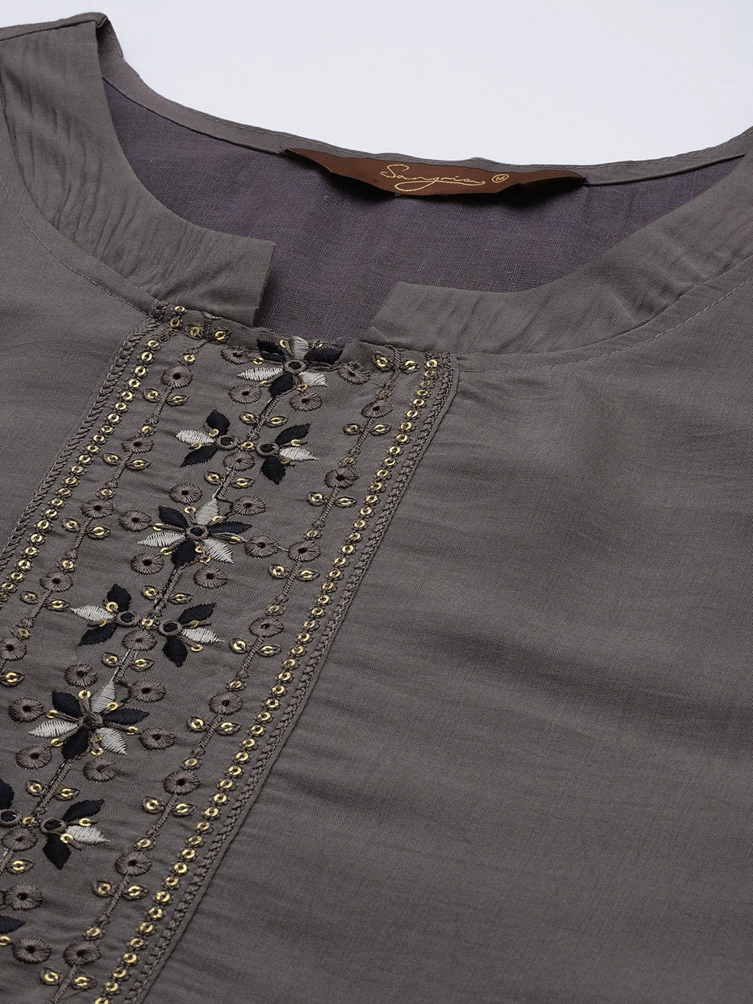 Sangria Women Grey Ethnic Motifs Embroidered Pure Cotton Kurta with Trousers & With Dupatta | Grocsy
