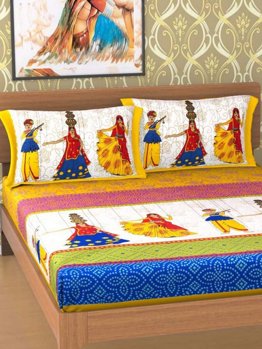 Rajasthanikart Yellow Ethnic Motifs Cotton 110 TC Queen Bedsheet with 2 Pillow Covers | Grocsy