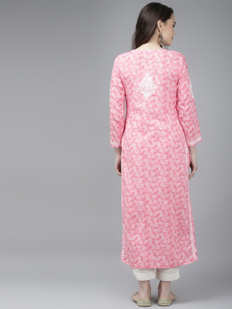 ADA Women Pink & White Floral Chikankari Cotton Handloom Kurta | Grocsy