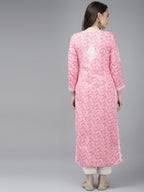 ADA Women Pink & White Floral Chikankari Cotton Handloom Kurta | Grocsy