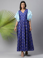 Ahalyaa Women Royal Blue Poly Silk Gold Paste Printed Dress | Grocsy