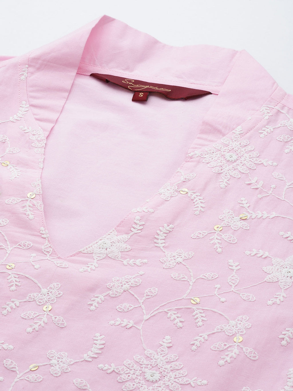 Sangria Floral Embroidered Puff Sleeves Cotton Kurta | Grocsy
