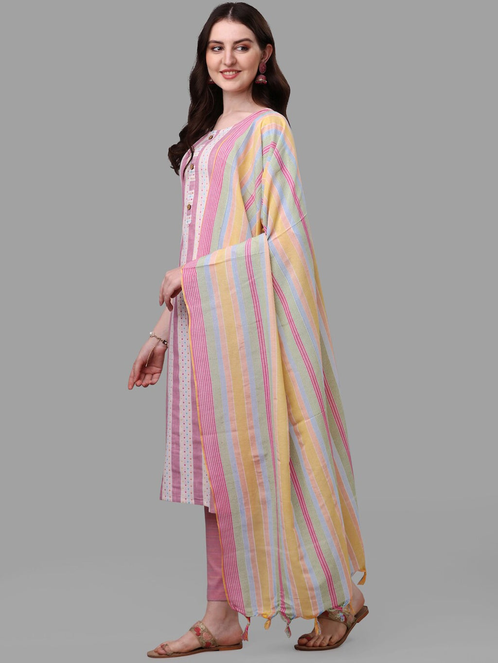 HERE&NOW Pink & White Striped Pure Cotton Kurta With Trousers & Dupatta | Grocsy