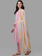 HERE&NOW Pink & White Striped Pure Cotton Kurta With Trousers & Dupatta | Grocsy