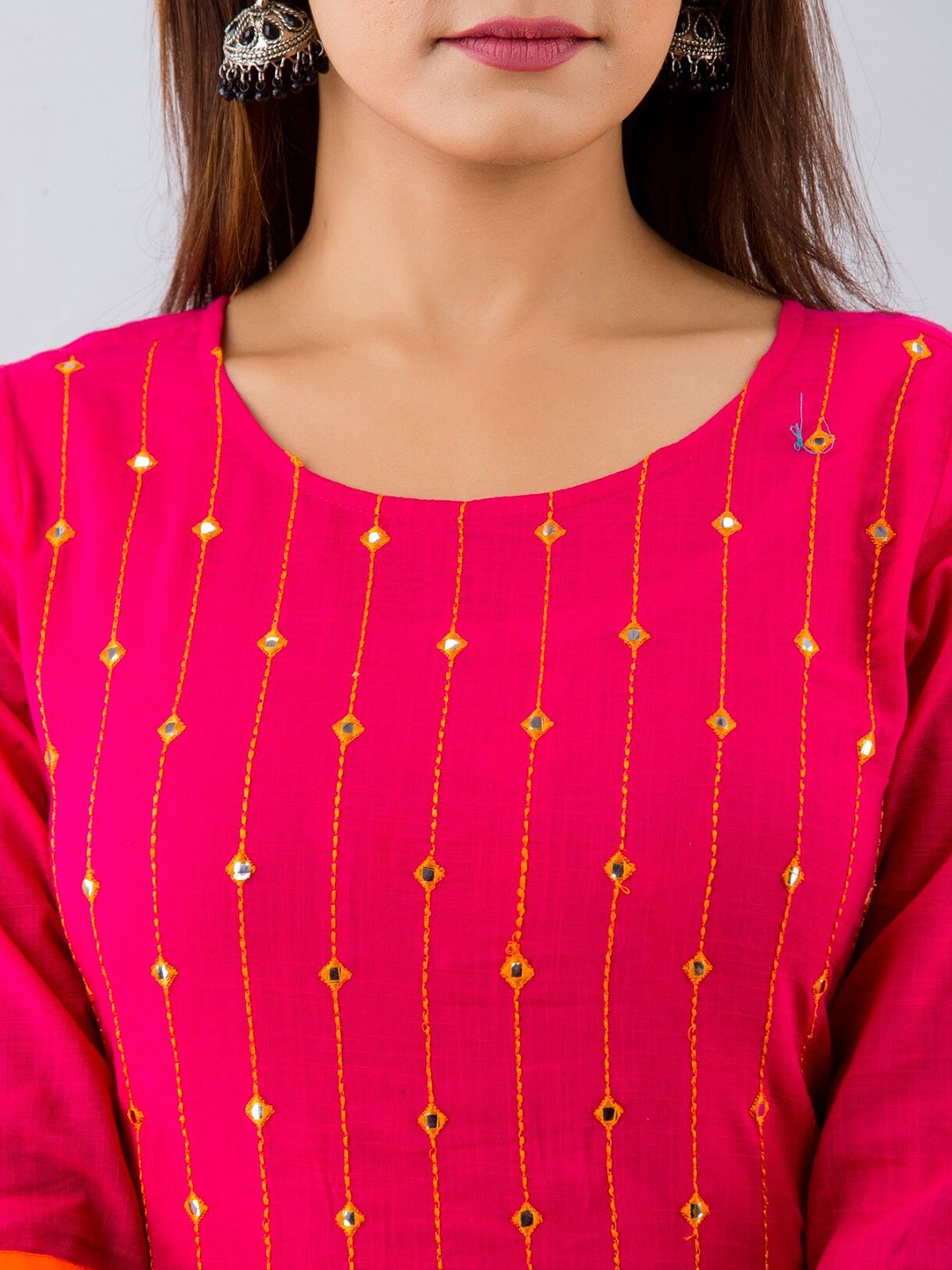 HERE&NOW Pink & White Geometric Embroidered Mirror Work Kurta with Palazzos | Grocsy