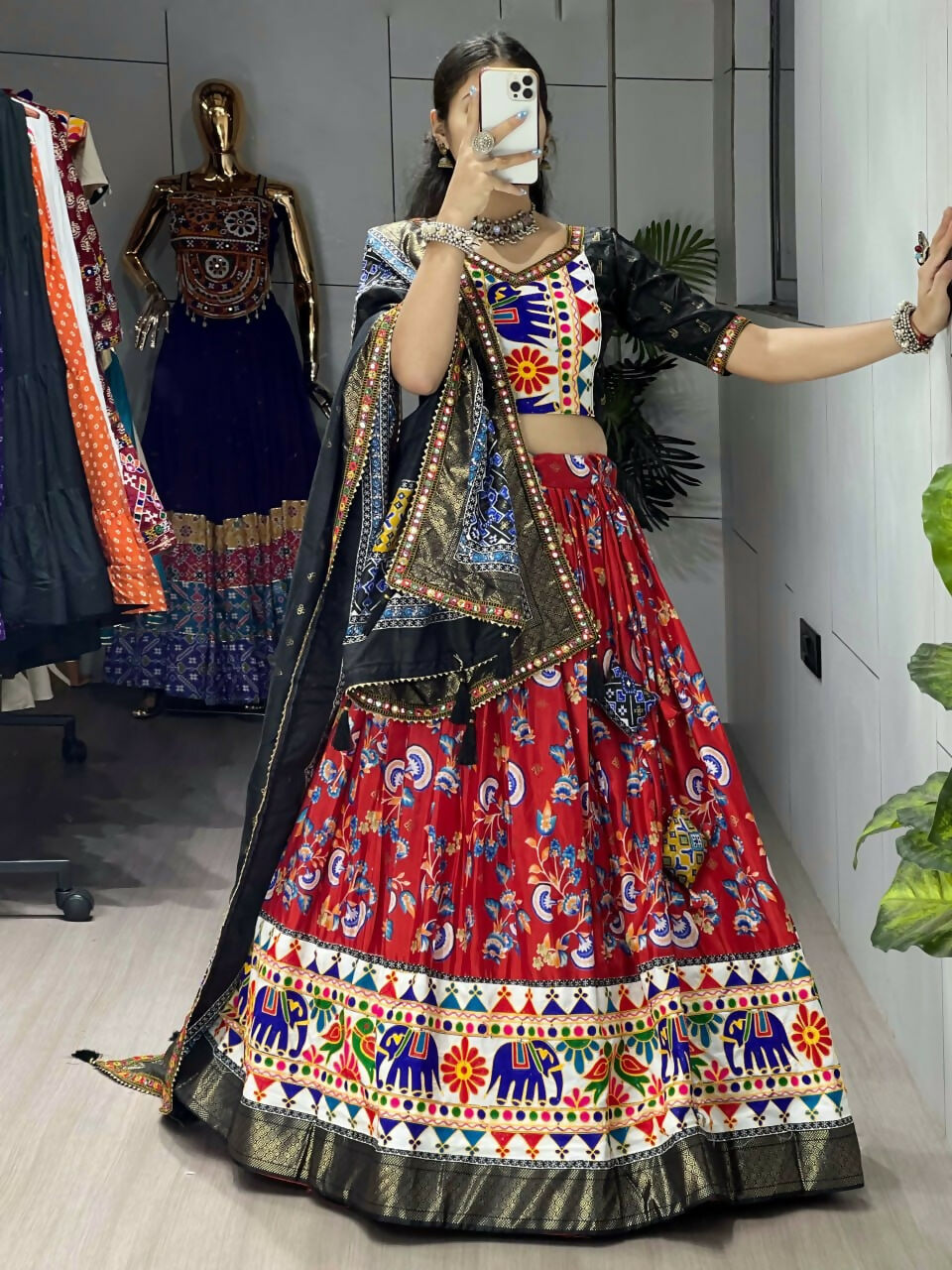Yash Enterprise Red Silk Embroidery Semi Stitched Navratri Chaniya Choli | Grocsy