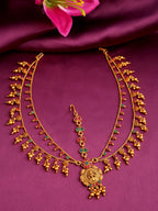 Yellow Chimes Gold-Polished Pink & Green Stone Studded Ghungroo Beaded Mathapatti | Grocsy
