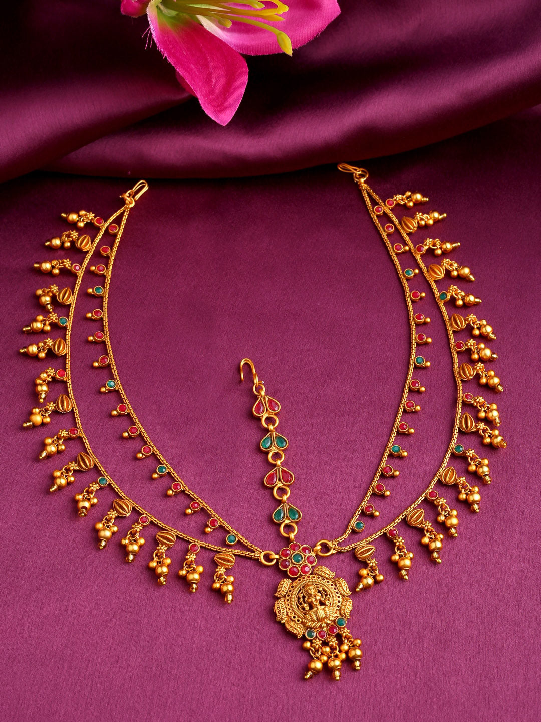 Yellow Chimes Gold-Polished Pink & Green Stone Studded Ghungroo Beaded Mathapatti | Grocsy
