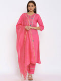 HERE&NOW Pink & Green Floral Embroidered Zari Work Kurta with Palazzos & Dupatta | Grocsy
