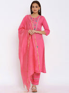 HERE&NOW Pink & Green Floral Embroidered Zari Work Kurta with Palazzos & Dupatta | Grocsy