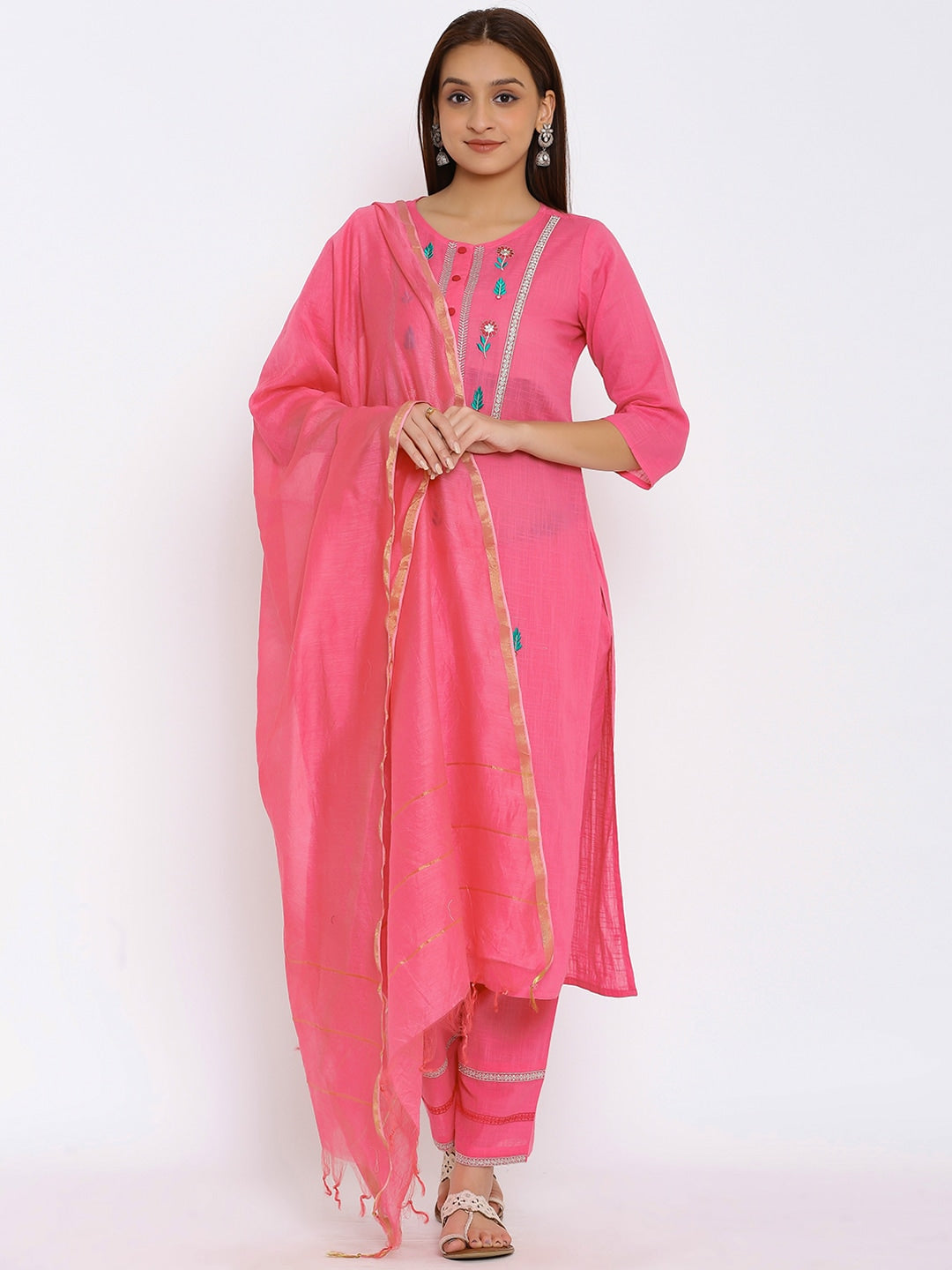 HERE&NOW Pink & Green Floral Embroidered Zari Work Kurta with Palazzos & Dupatta | Grocsy