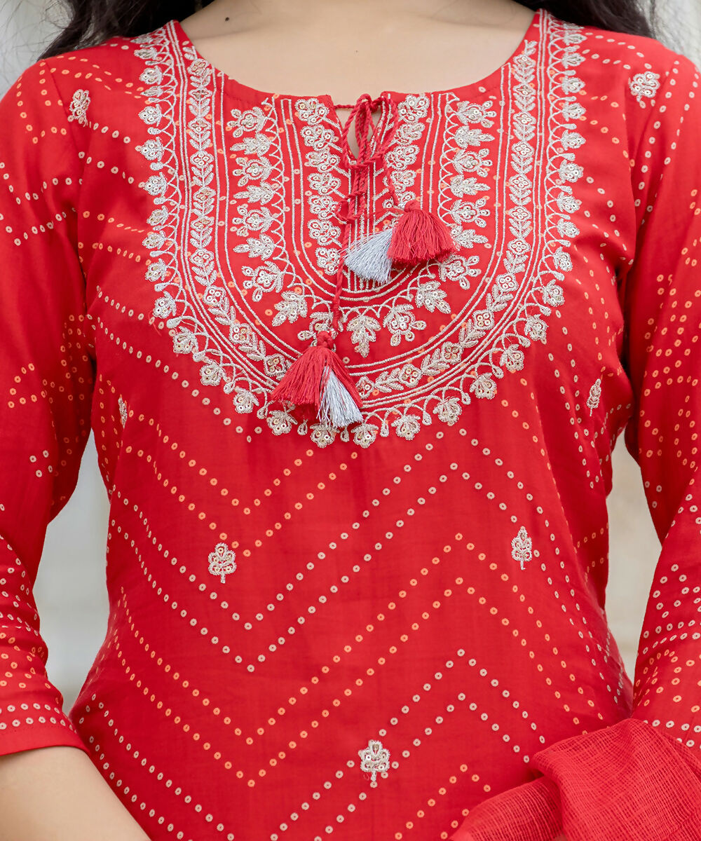 Kaajh Women's Red Embroidered Cotton Kurta Sharara Set With Dupatta | Grocsy