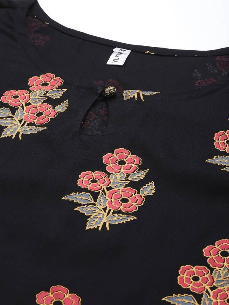 Yufta Black Ethnic Motifs Printed Kurta with Palazzo | Grocsy