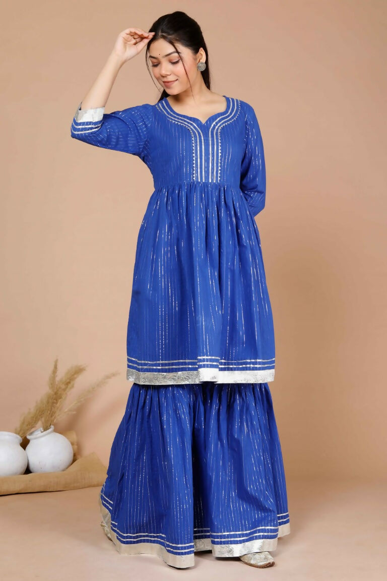 Miravan Women's Blue Printed Pure Cotton A-Line Kurti With Sharara | Grocsy