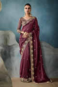 Monjolika Fashion Wine Tissue Embroidered Sequins And Zari Work Saree | Grocsy