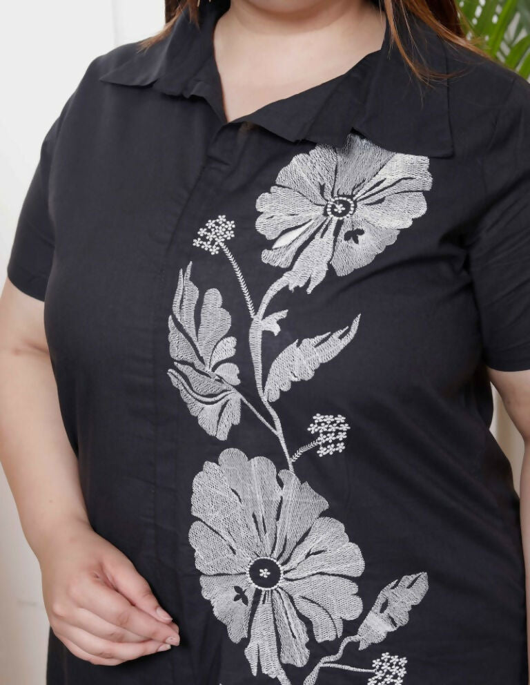 Miravan Women's Plus Size Black Pure Cotton Floral Embroidered High Low Co-Ord Set | Grocsy