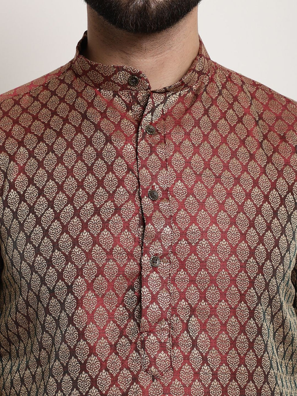 Sojanya Woven Design Mandarin Collar Silk Cotton Kurta | Grocsy