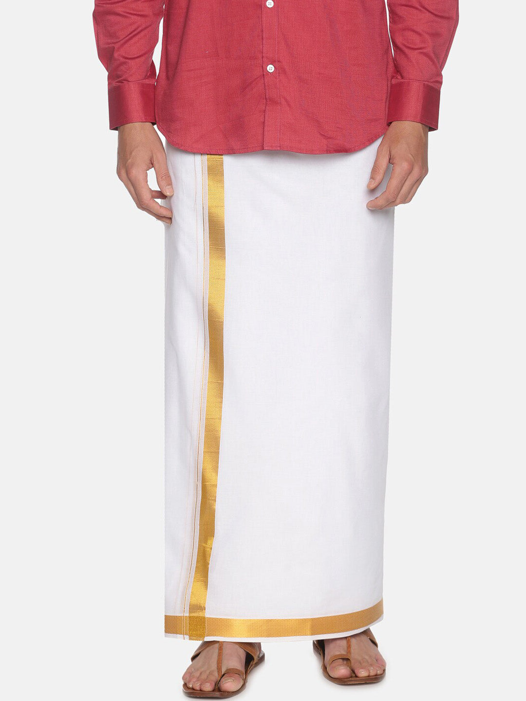 Sethukrishna Men White & Gold-Coloured Solid Cotton Dhoti | Grocsy
