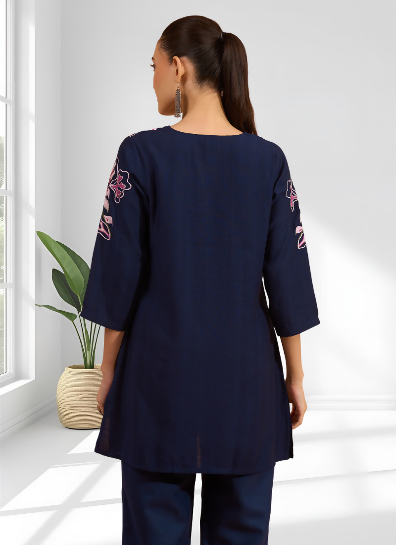 Joban Fashion Navy Blue Cotton, Linen Embroidered Readymade Cord Set | Grocsy