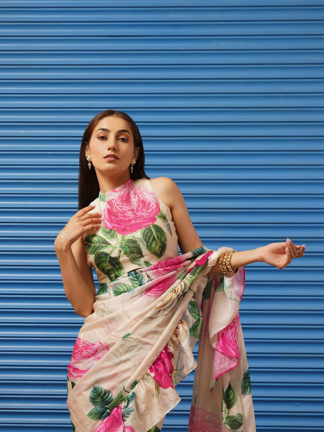 Tikhi Imli Floral Printed Poly Crepe Saree | Grocsy