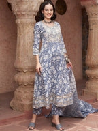 Sangria Blue Printed Thread Work Pure Cotton Empire A-Line Kurta with Trousers & Dupatta | Grocsy