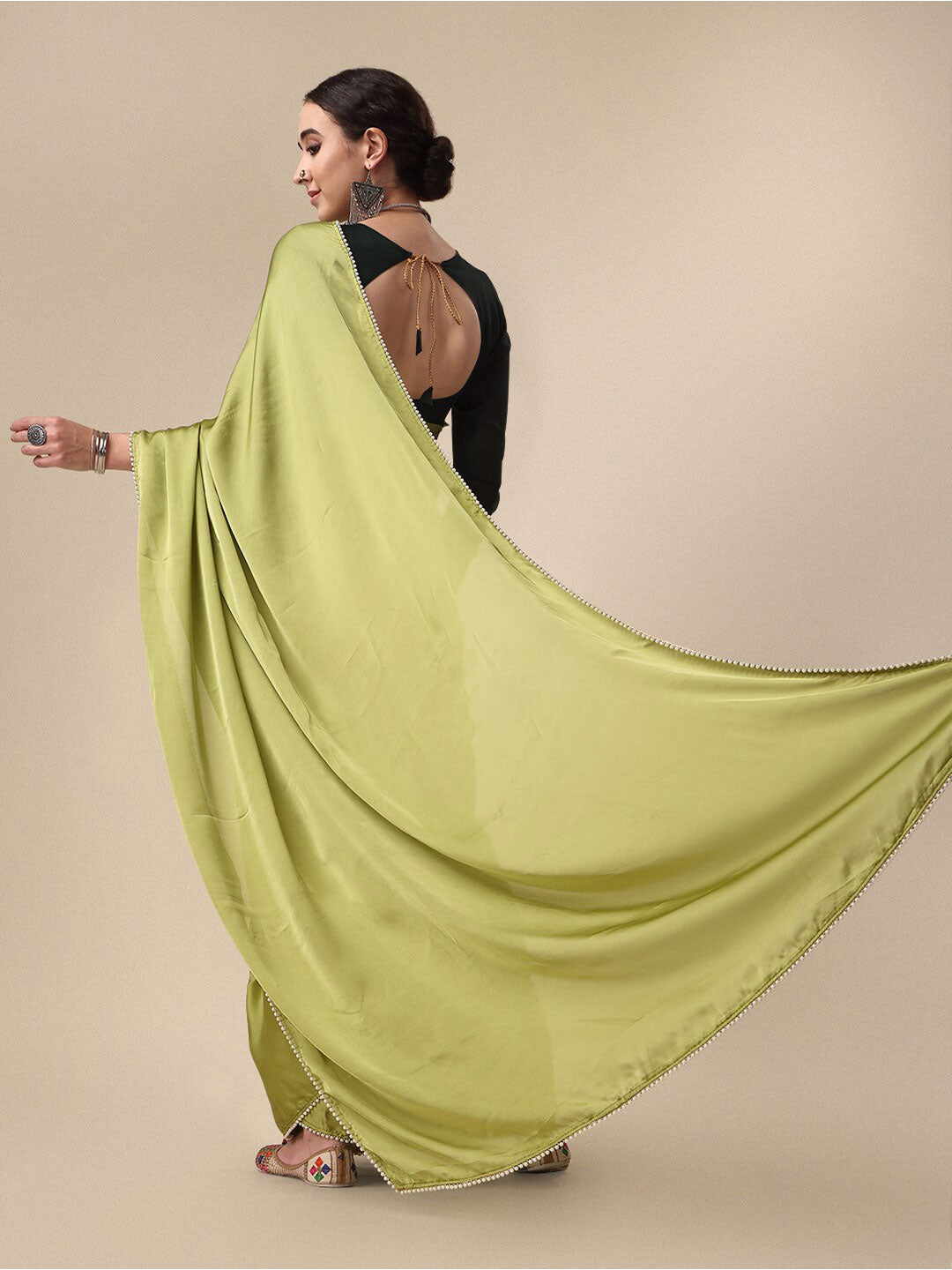 Sangria Olive Green Satin Saree With Beads Embelished Border | Grocsy