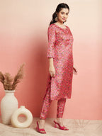 Aks Floral Printed Round Neck Kurta With Trousers | Grocsy
