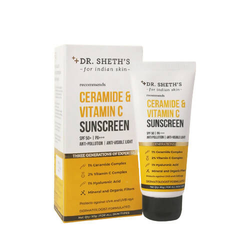 Dr. Sheth's Ceramide & Vitamin C Sunscreen SPF 50+ PA+++ UVA UVB Sun Protection, For All Skin Types | Grocsy