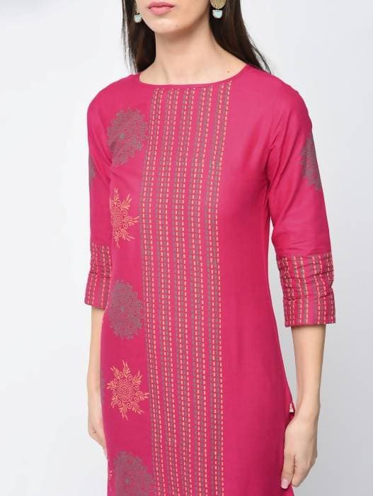Aniyah Cotton Block Printed Straight Kurta Magenta Color (AN-127K) | Grocsy