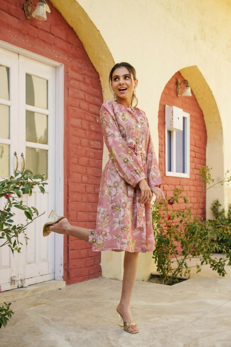 Vaasva Women Pink Muslin Floral Printed Knee Length Dress | Grocsy