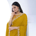 Mustard Pure Crepe Silk Moti With Hand Work Saree With Unstitched Blouse - Norita Swaraa | Grocsy