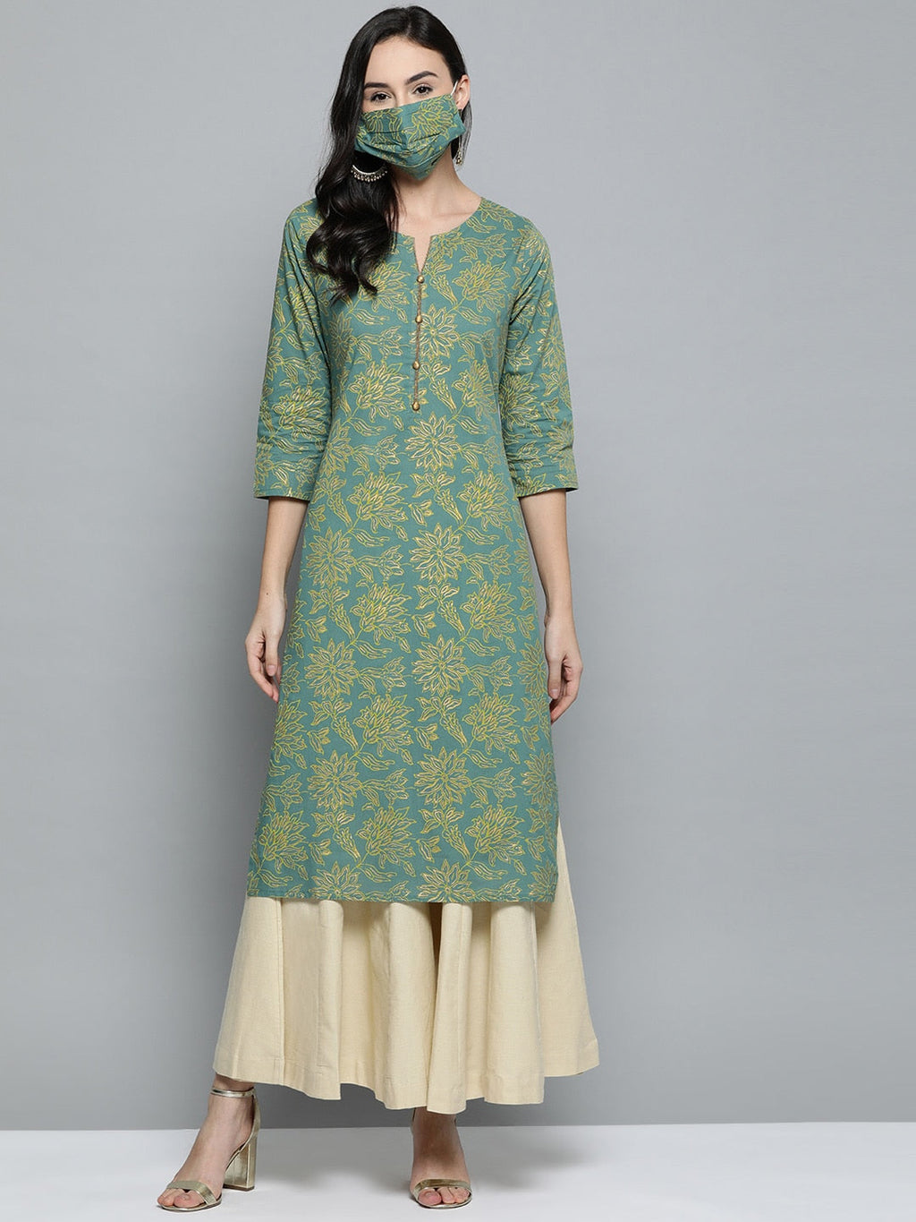 HERE&NOW Women Green & Golden Printed Straight Kurta | Grocsy