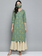 HERE&NOW Women Green & Golden Printed Straight Kurta | Grocsy