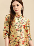 All About You Women Mustard Yellow & Red Floral Print Chanderi Silk Blend Straight Kurta | Grocsy