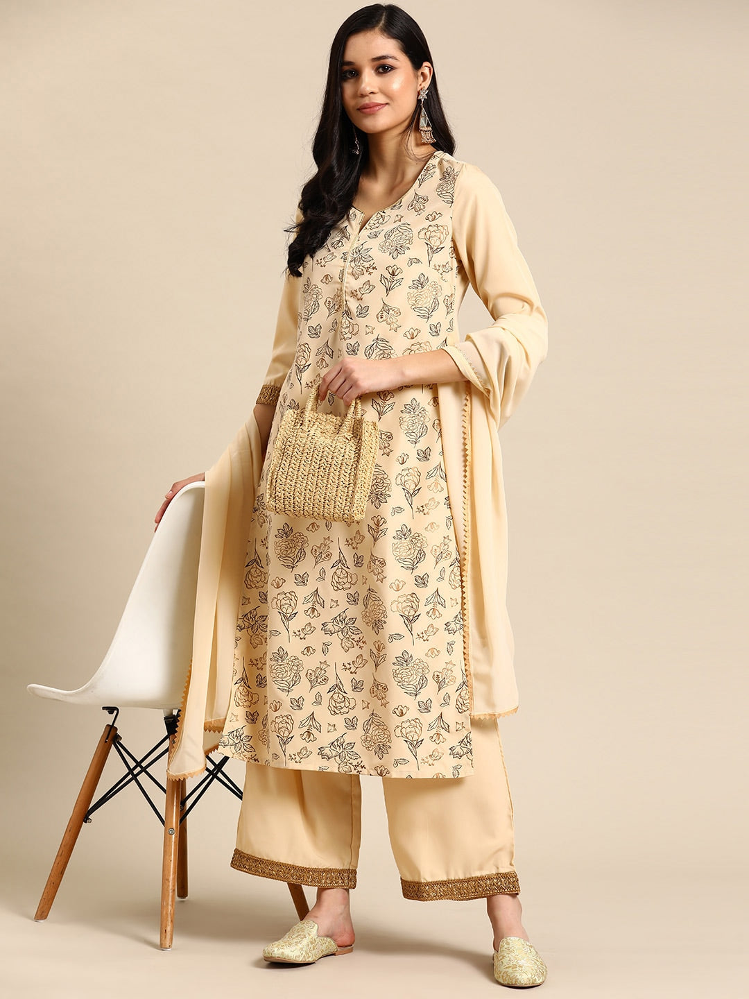 Sangria Floral Printed Lace Detail Kurta with Palazzos & Dupatta | Grocsy