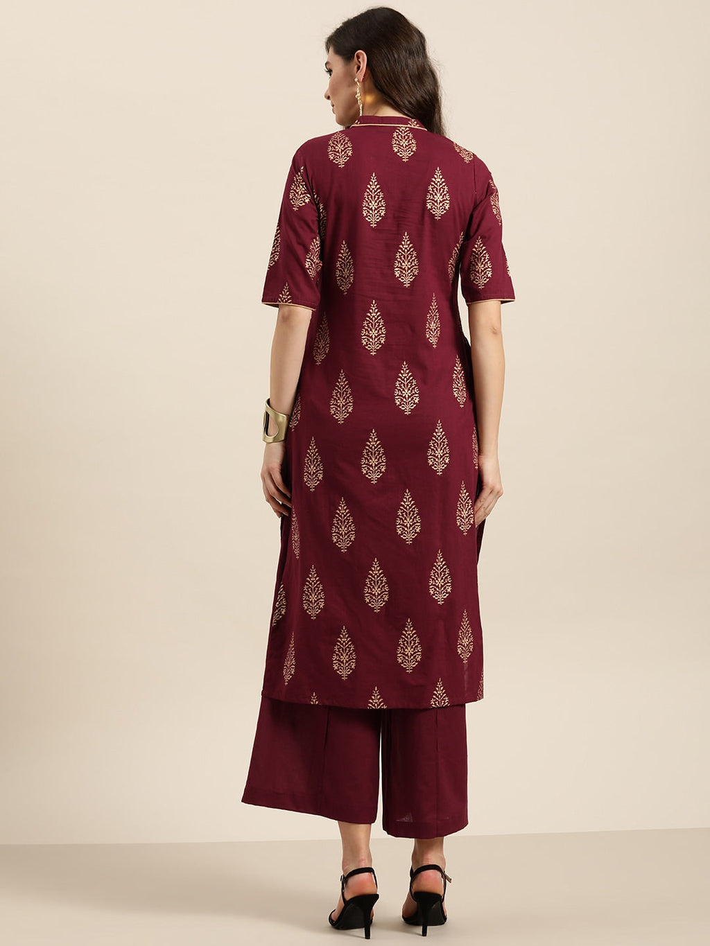 Sangria Women Maroon & Golden Pure Cotton Printed Kurta with Palazzos | Grocsy