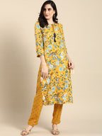 All About You Women Mustard Yellow & White Floral Printed Kurta with Trousers | Grocsy