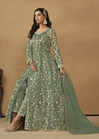 Pant Style Sage Green Embroidered Net Wedding Anarkali Suit - Emponline | Grocsy