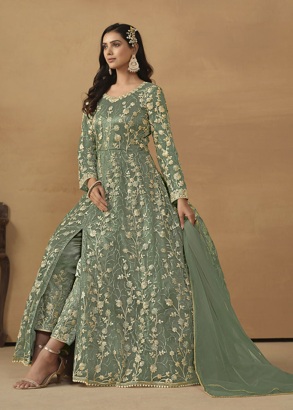 Pant Style Sage Green Embroidered Net Wedding Anarkali Suit - Emponline | Grocsy
