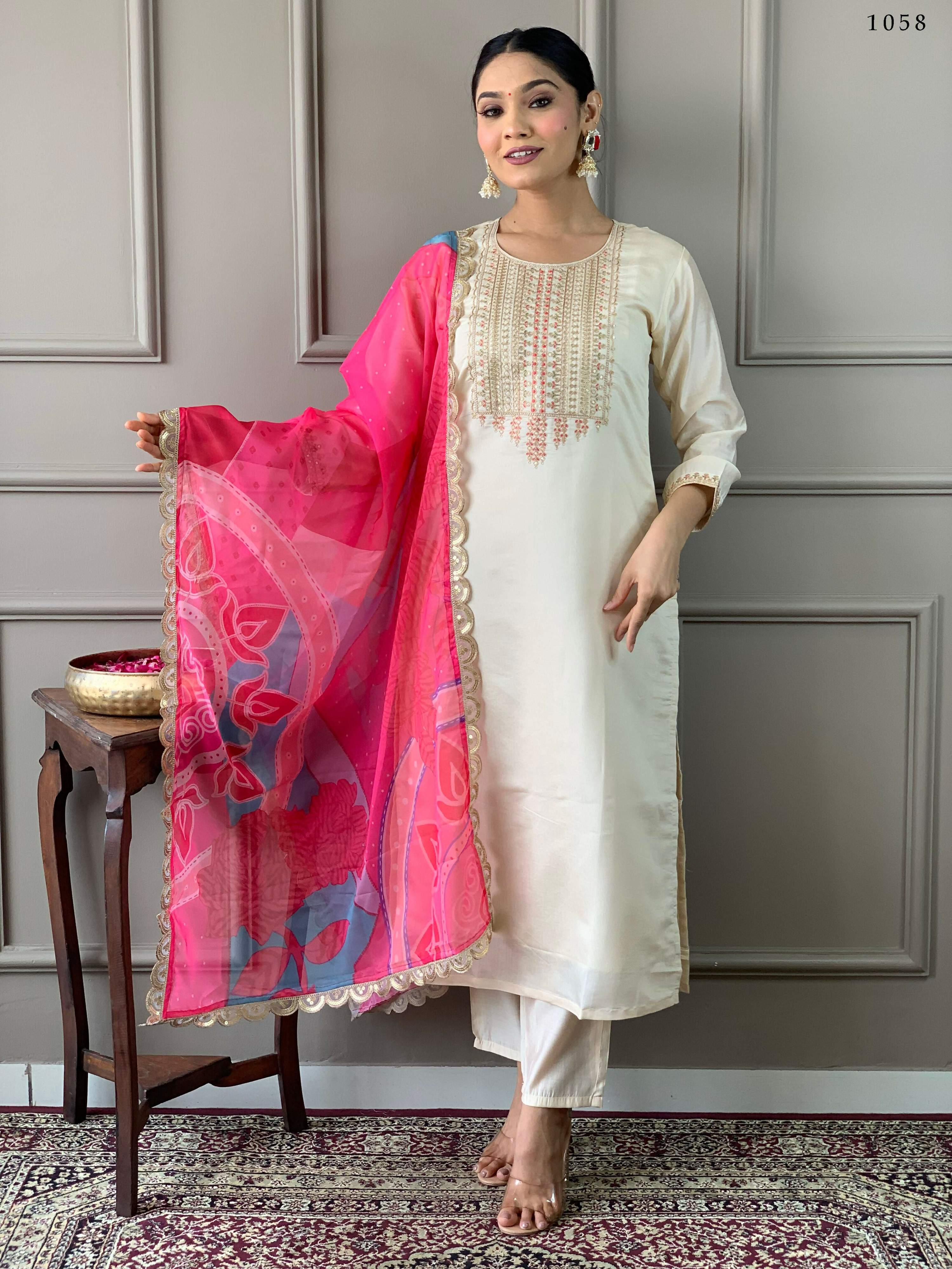 Partywear Designer Viscose Chanderi Off White & Pink Stitched Suit With Dupatta - Anbazaar | Grocsy