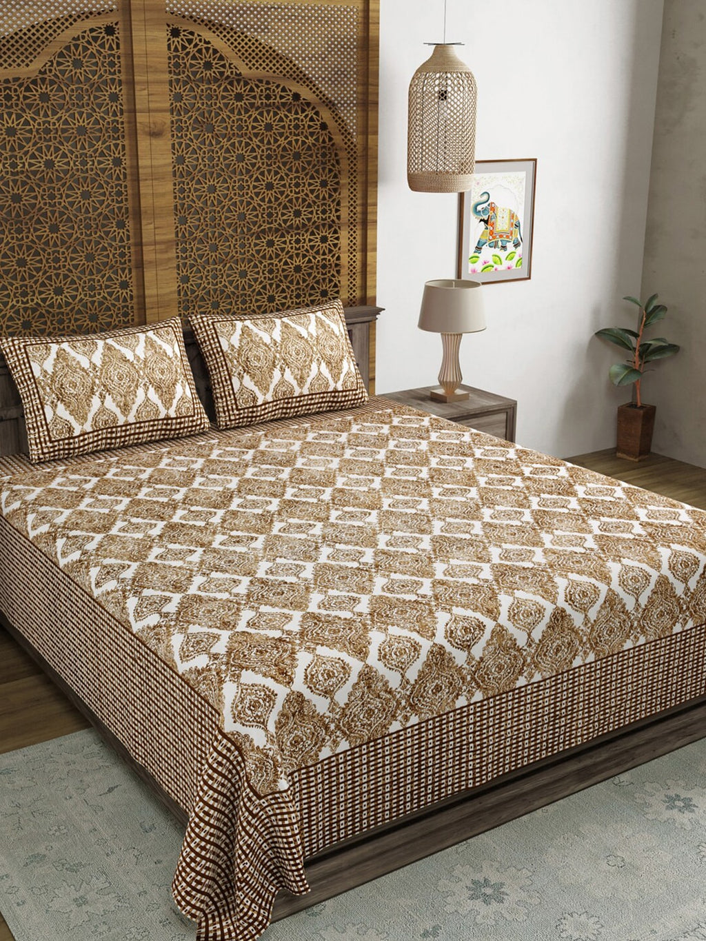 Sangria Brown & White Printed Cotton 210TC Double King Bedsheet With 2 Pillow Covers | Grocsy