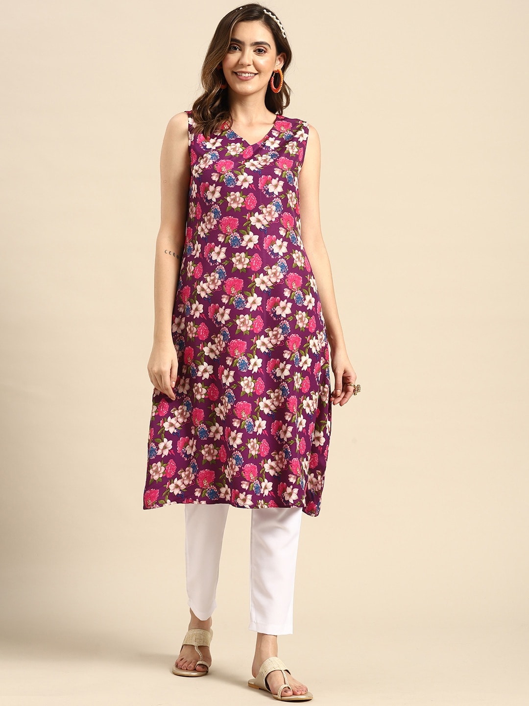 Sangria Women Floral Printed A-Line Sleeveless Kurta | Grocsy