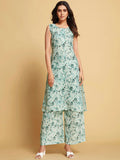 Sangria Green Floral Printed Sleeveless Straight Linen Kurta & Palazzo | Grocsy