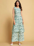 Sangria Green Floral Printed Sleeveless Straight Linen Kurta & Palazzo | Grocsy