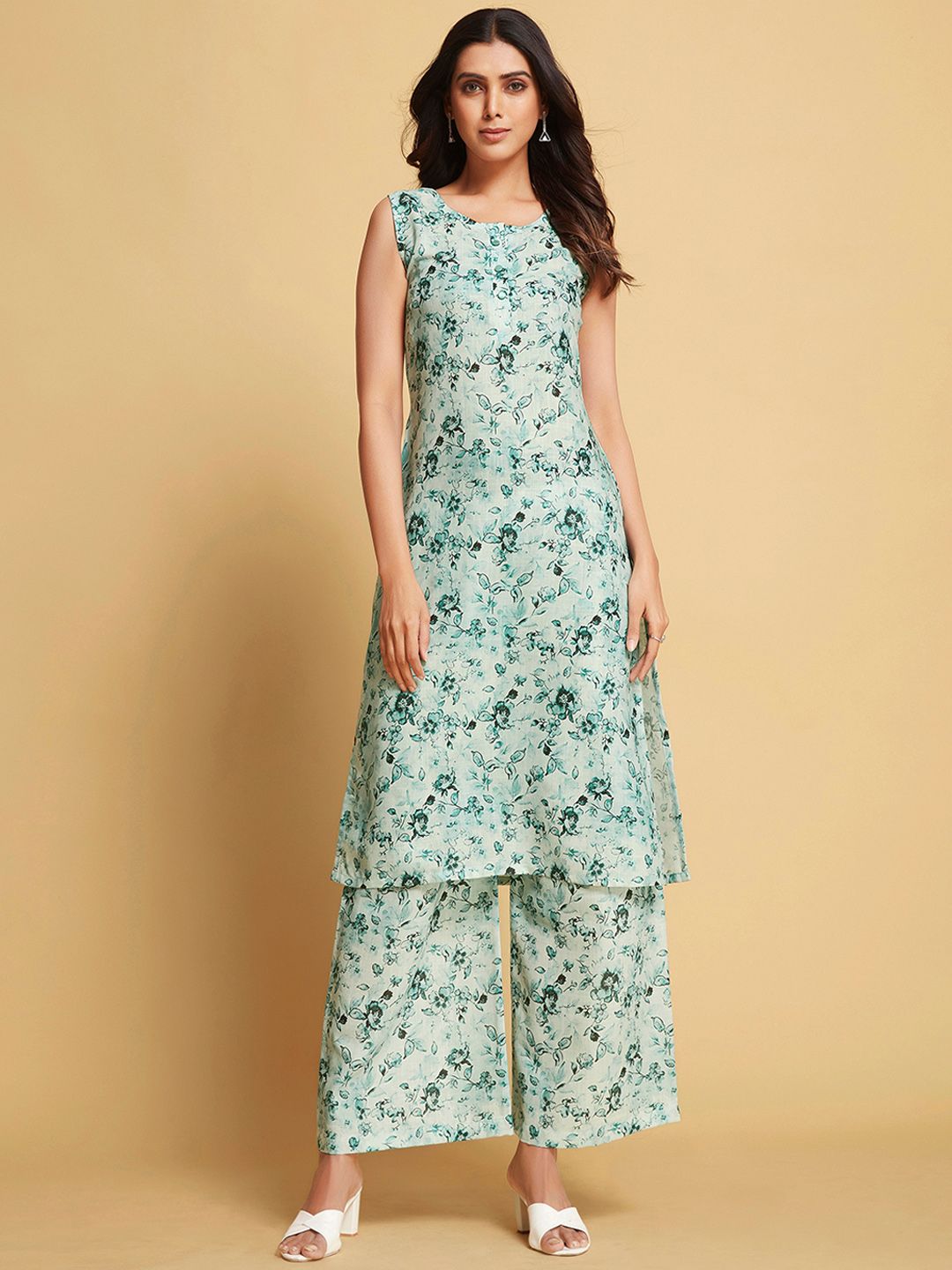 Sangria Green Floral Printed Sleeveless Straight Linen Kurta & Palazzo | Grocsy