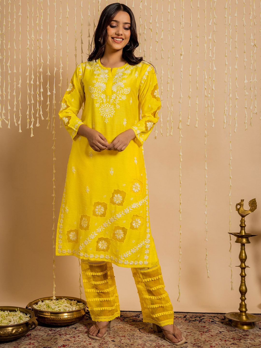 HOUSE OF KARI Ethnic Motifs Embroidered Round Neck Chikankari Chanderi Silk Kurta | Grocsy