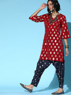 Sangria Ethnic Motifs Polyester Kurta Set | Grocsy