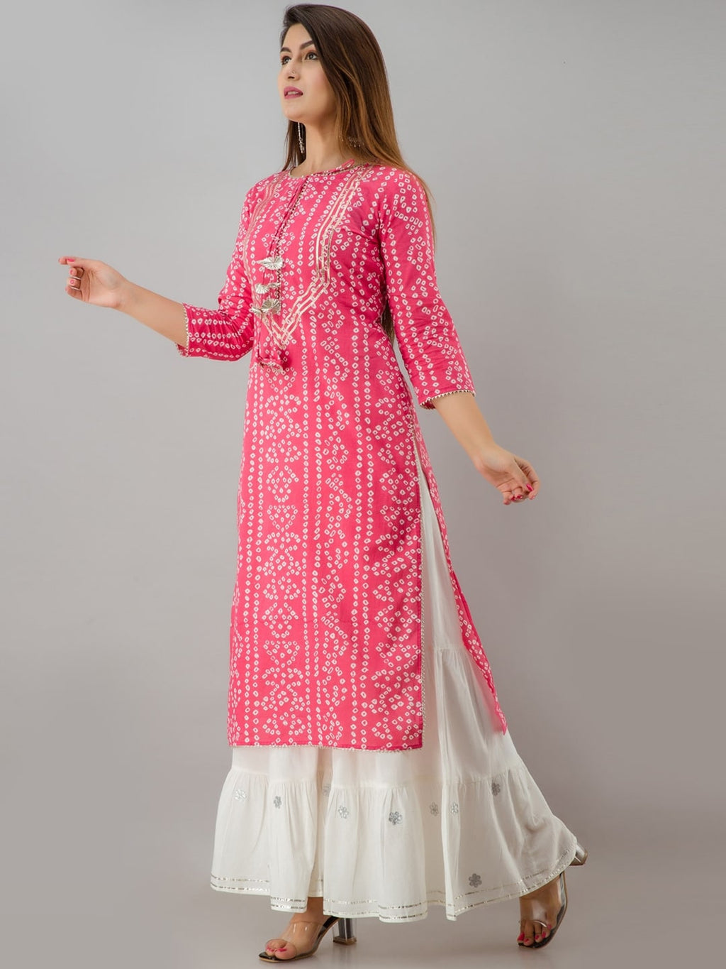 HERE&NOW Pink Tie Up Neck Bandhani Printed Gotta Patti Kurta | Grocsy