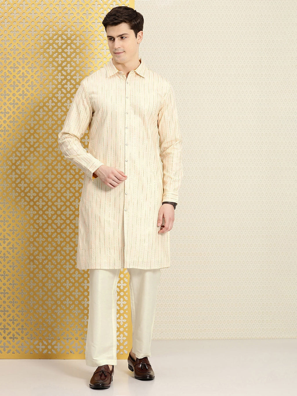 House of Pataudi Men Jashn Embroidered Sequinned Pure Cotton Kurta with Trousers | Grocsy